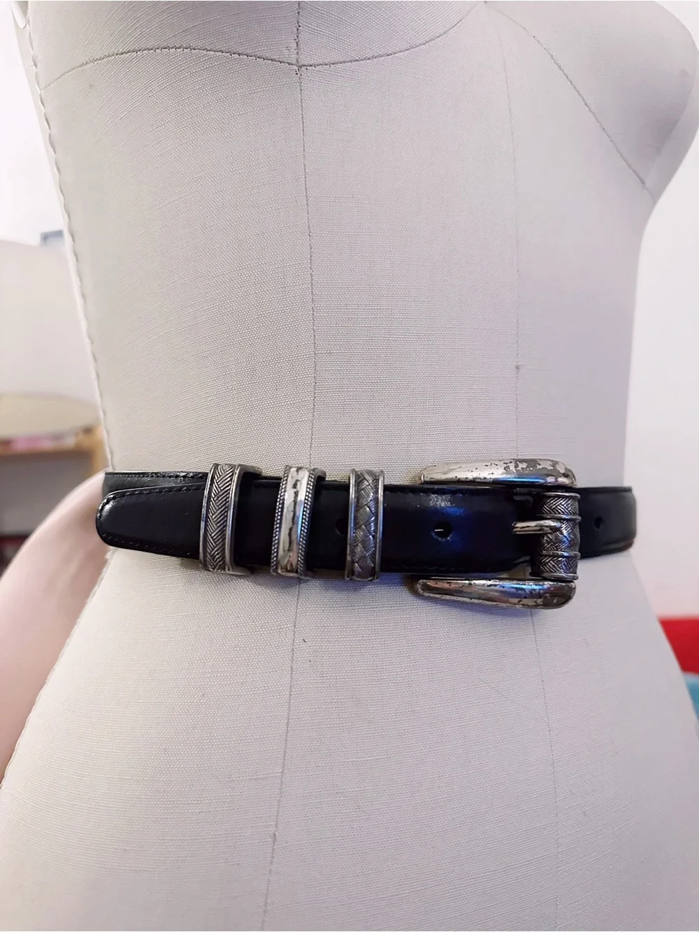 Vintage Brighton Leather Belt Silver Western Hardware Black 1995 - Picture 2 of 6